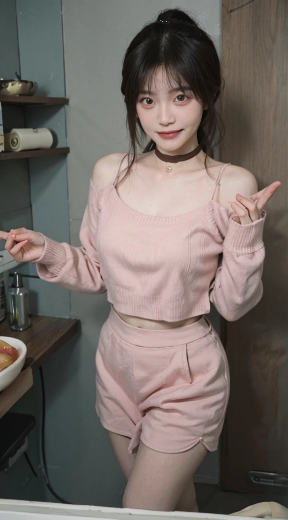 best qualtiy， Ultra-high resolution， （realisticlying：1.4），cute hairpin，Baoyu Girl，1girll, Beautiful woman with a slim figure:1.4, abs:1.1, (A brown-haired, mideum breasts:1.3), Long pink sweater:1.1, bathroom,Ultra-fine face，Elaborate Eyes，double eyelid，ssmile，choker necklace，Looks like Liu Yifei&#39;s beautiful face