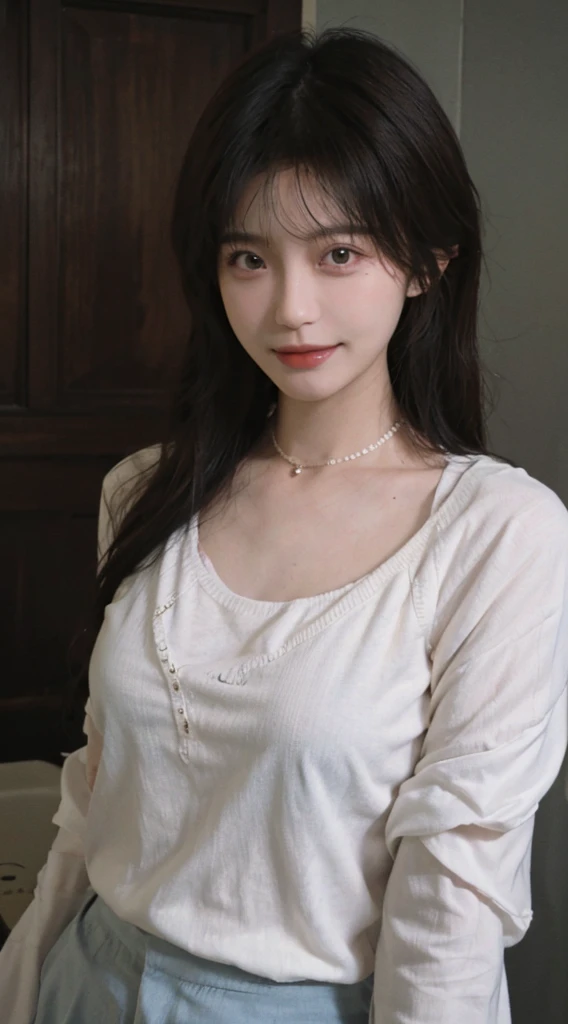 best qualtiy, Ultra-high resolution, (realisticlying:1.4),cute hairpin,Baoyu Girl,1girll, Beautiful woman with a slim figure:1.4, abs:1.1, (A brown-haired, mideum breasts:1.3), Long pink sweater:1.1, bathroom,Ultra-fine face,Elaborate Eyes,double eyelid,ssmile,choker necklace,Looks like Liu Yifei's beautiful face