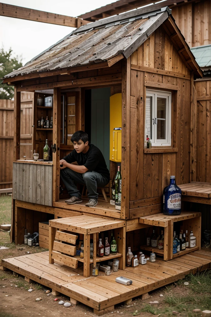 A boy builds a small house out of beer bottles.