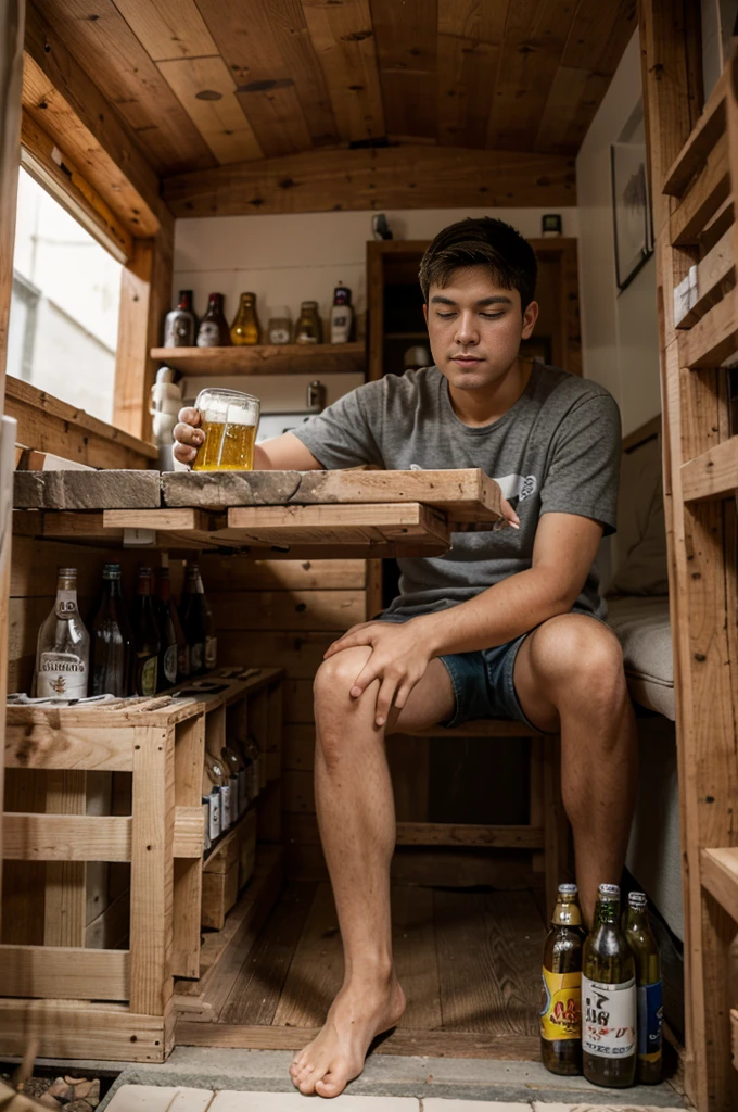 A boy builds a small house out of beer bottles.