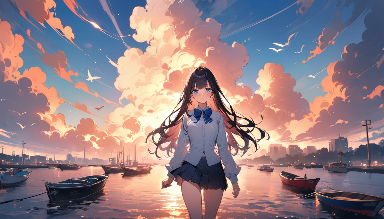 BREAK 1 girl, long hair, black hair, straight hair, short bangs above brows, blue eyes, warm smile,
BREAK (masterpiece), (high resolution 8K), cinematic lighting, professional lighting, detailed eyes and face, detailed body,
BREAK white shirt, blue bowtie, pleated skirt,
BREAK very wide, panorama view, sense of depth, shot from front,
BREAK outdoors, many boats are parked in the harbor, cumulonimbus clouds, piers, seagulls flying in the distance, twilight, rule of thirds,