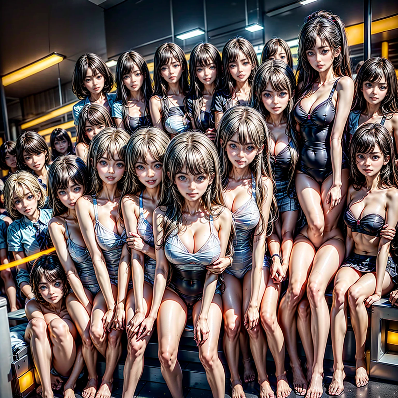 ((ExtremelyDetailed (PUNIPUNI KAWAII 12 Girls in a row:1.37) (Shibuya) scramble crossing)), (masterpiece 8K TopQuality:1.2) (ProfessionalPhoto:1.37), {(Standing Full Body:1.2)|Dancing}, Different types of hair colors, {((White skinny school swimwear))|(SchoolUniform)|Tutu}, {Corrected BabyLike hand|Hiddenhand}, (Joyful Expressions LifeLike Rendering), PerfectLighting (RainbowColor particles:1.2)(Dazzling Blurred ColorfulLights) MotionBlur  BREAK  (Acutance:0.8) Impeccable Radiant PearlSkin with Transparency . (Exposed:-0.6)(no extra arm, no extra hand)