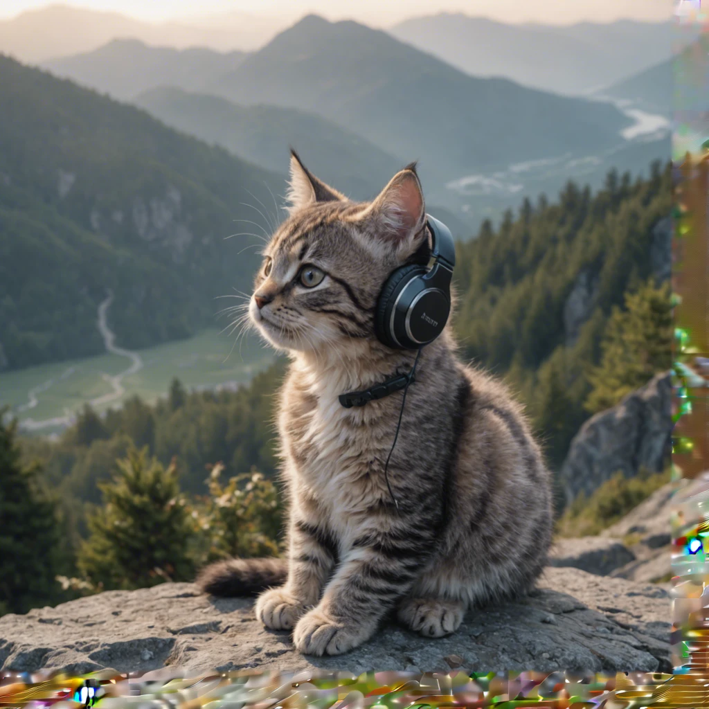 The kitten is watching the sunrise and listening to music on the top of the mountain