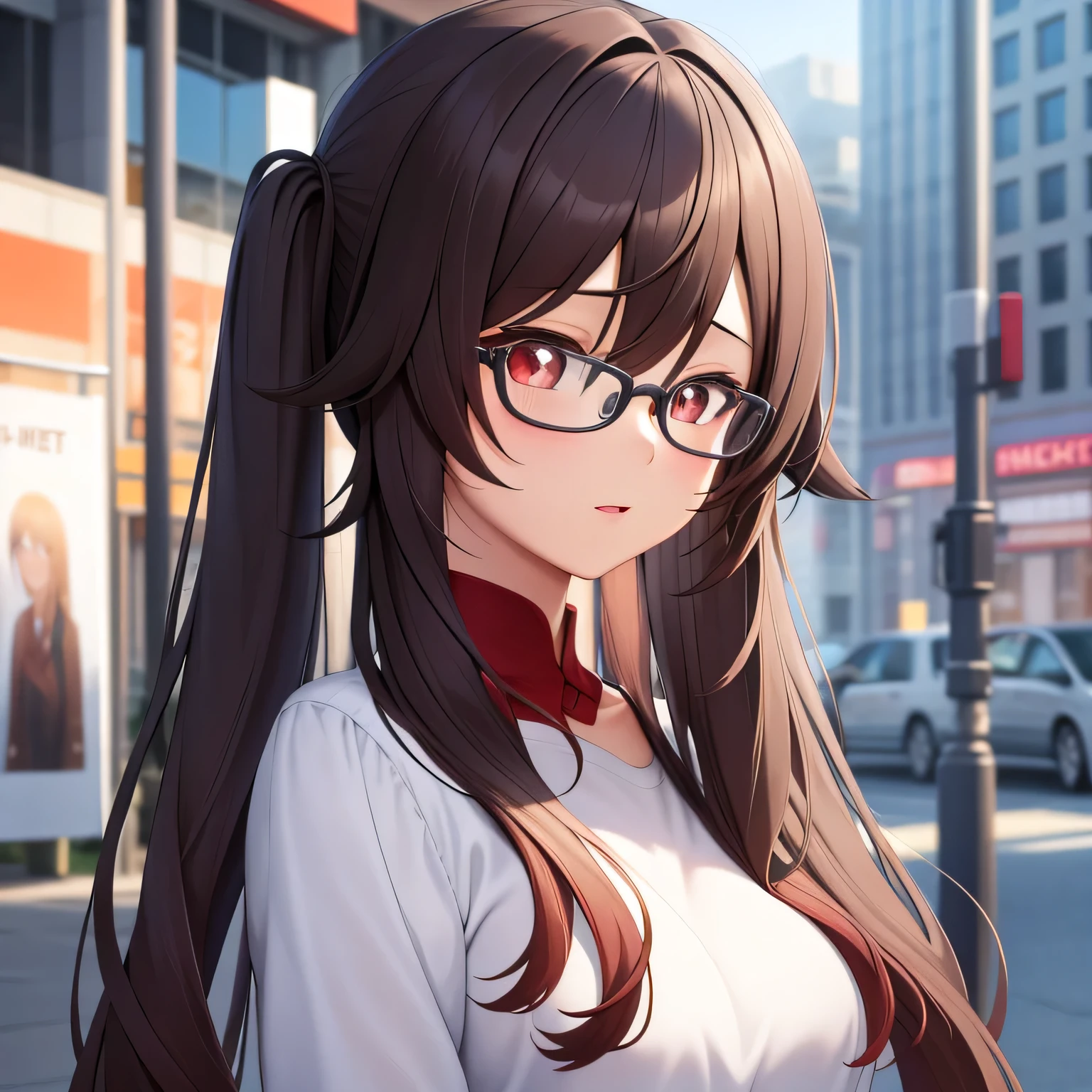 masterpiece, best quality, HuTaoV4, 1girl, solo, blush, twintails, long hair, hair between eyes, glasses, ((office clothes)), city, outdoors, daylight, movie poster, extremely detailed 8K, smooth, high resolution, ultra quality, cinematic lighting, ambient occlusion, hd, 2k, 4k, 8k, 16k, extremely detailed anime, detailed faces, perfect composition, wide shot, atmospheric lighting,