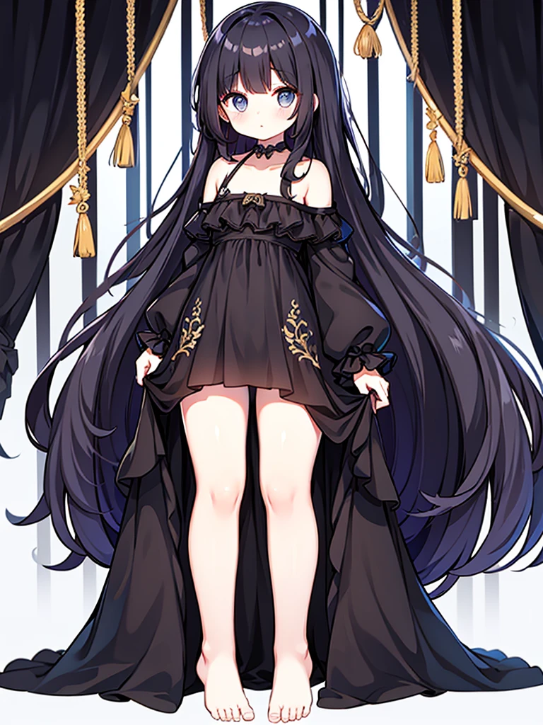 Full-body portrait、Are standing、Adult women、Black Hair、Untidy hair、Messy hair、Thick Hair、Very long hair、Long Hair、A thin, short, revealing black curtain dress、Revealing clothing、Clothes that show skin