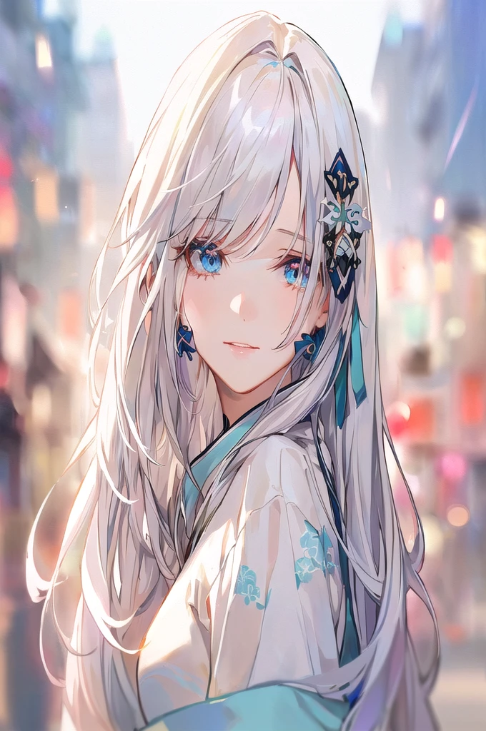 Anime girl with long white hair and blue eyes in the city, White-haired God, Beautiful anime portraits, Detailed portrait of an anime girl, Perfect white hair girl, Beautiful Anime Girls, Beautiful Anime Women, White Hair Girl, Cute Anime Girl Portrait, palace ， Girl in Hanfu, From Girls Frontline, guweiz on pixiv artstation, ”Beautiful Anime Women