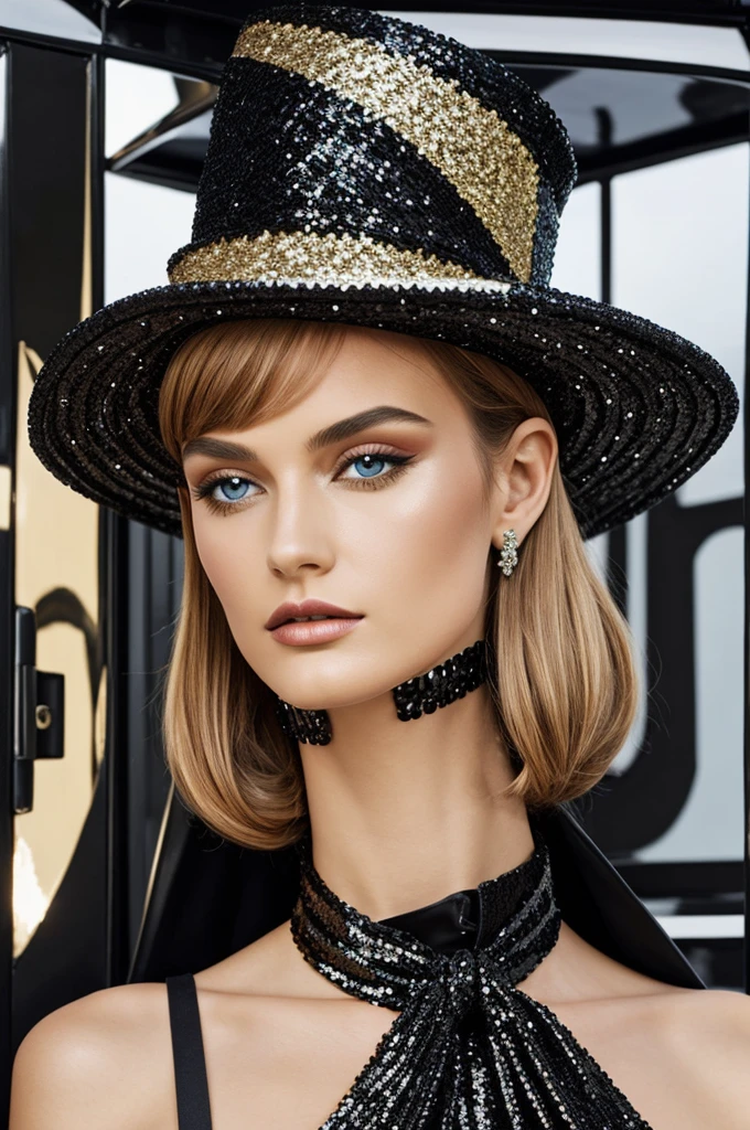 Extravagant sequin and cubist silk dress, a cubist hat with caravans and square collar, a graphic makeup that accompanies 