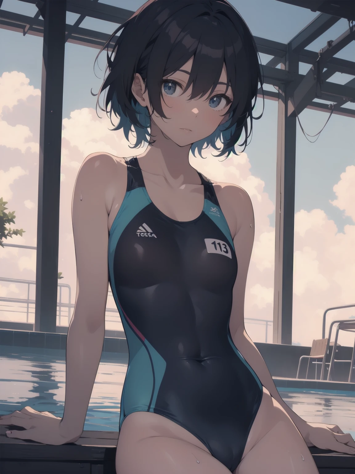 ultra-Top-quality by art God, ultra-detailed, high resolution, shinkai makoto style, anime moe artstyle, best anime 8k konachan wallpaper, pixiv contest winner, perfect anatomy, break,(Please draw a picture of a girl in a swimsuit sitting on a bench by the poolside alone.),break, a hyperrealistic school girl, parted lips, (Solo,ta, kid, 13-year-old:1.3),Full limbs, complete fingers, androgynous charm, (very short hair), wet hair, small breasts,slender body, Small butt, groin, Small black eyes,hanme,beautiful detailed eyes, well-proportioned iris and pupils, sleepily, highres detailed hair, swimsuit, wet swimsuit, bare shoulders, thighs, in the school pool. break,super detailed skin, shiny skin, Best lighting powered by famous artist, 8k, illustration,UHD, textured skin,break,((artist:toosaka_asagi )), artist:clamp ,artist:carnelian ,artist:kantoku ,
