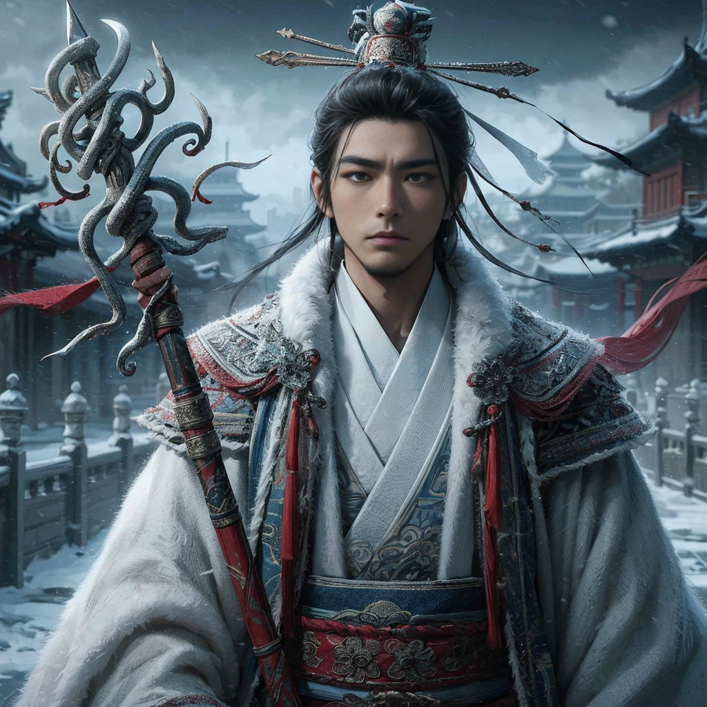(Masterpiece:1.2), (Best Quality:1.2), (high resolution:1.2), (beautiful face and eye:1.2), (sharpest focus:1.2), (Ultra-realistic Photo:1.2), (Ultra-precise Photo:1.2), (Depth of field:1.2), (perfect anatomy:1.2), (nice hands:1.2),
(perfect hands:1.2), (five fingers:1.2), (Young, fearless, beautiful, shady Chinese man:1.0), (Lonely Chinese warrior with spear:1.0), (Neatly trimmed short beard and tied hair:1.0), (Blazing Chinese period drama style fortress:1.0),
(long spear with serpentine blade and ornate decoration:1.0), (white tsubakuhiro cap and cloak:1.0), (white armor with red, blue, and yellow coloring:1.0), (snowstorm:1.0), (melancholy expression:1.0), (picturesque standing figure:1.0),