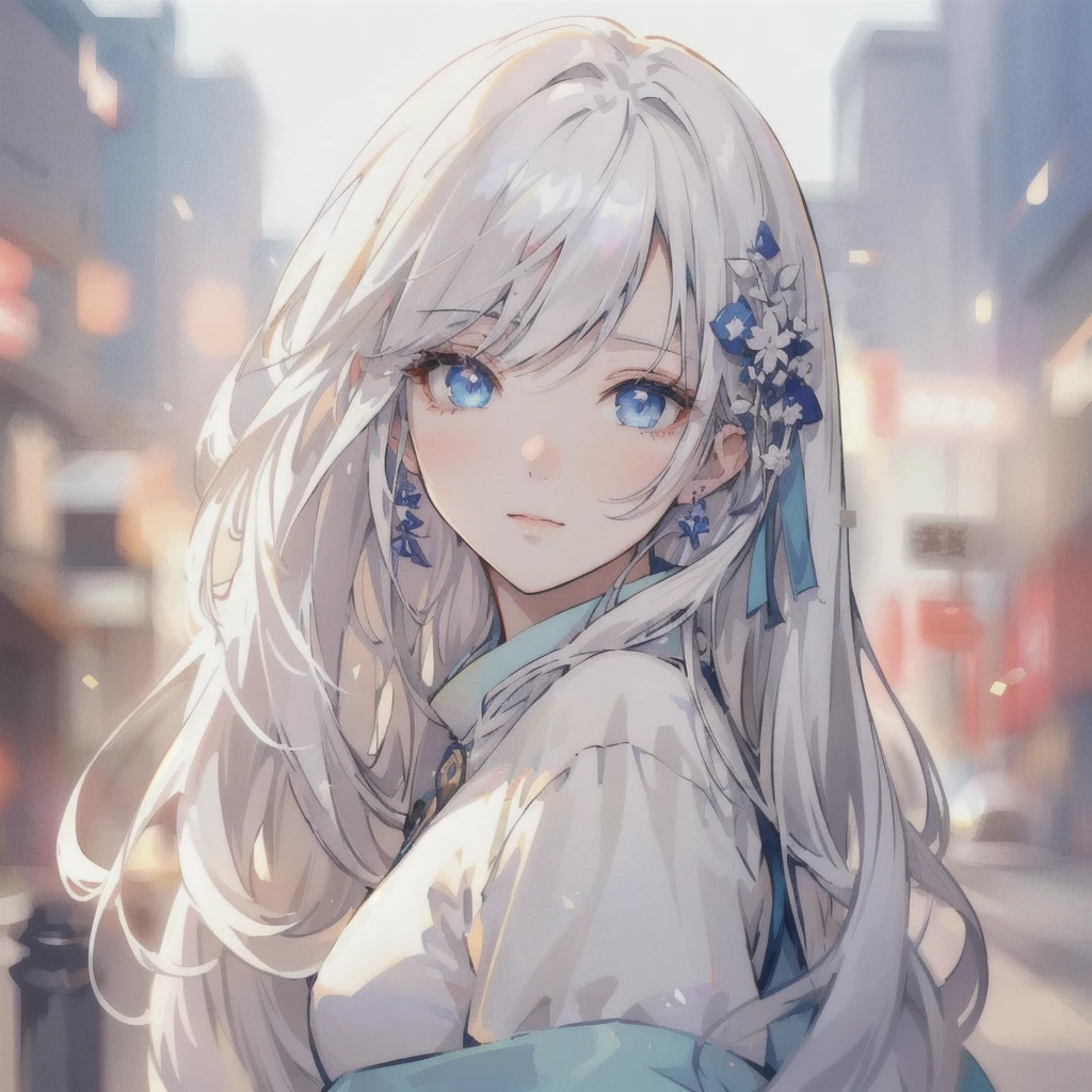 Anime girl with long white hair and blue eyes in the city, White-haired God, Beautiful anime portraits, Detailed portrait of an anime girl, Perfect white hair girl, Beautiful Anime Girls, Beautiful Anime Women, White Hair Girl, Cute Anime Girl Portrait, palace ， Girl in Hanfu, From Girls Frontline, guweiz on pixiv artstation, ”Beautiful Anime Women