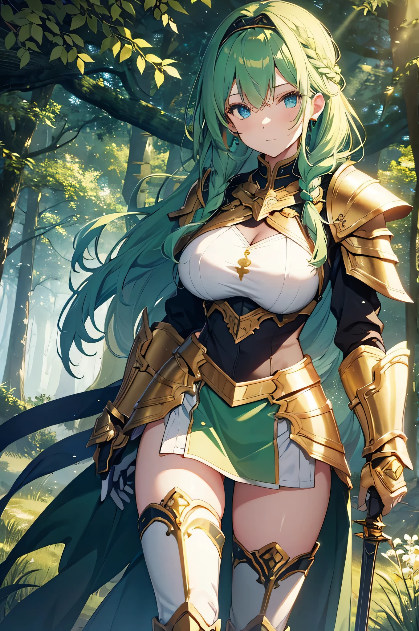 4K,High resolution,One Woman,Green Hair,long hair,Braid,Blue Eyes,Big Breasts,Brave,Golden Armor,Heavy Armor,Full Armor,White boots,White gloves,Black tights,hair band,Jewelry decoration,Golden Sword,Golden Shield,in the forest