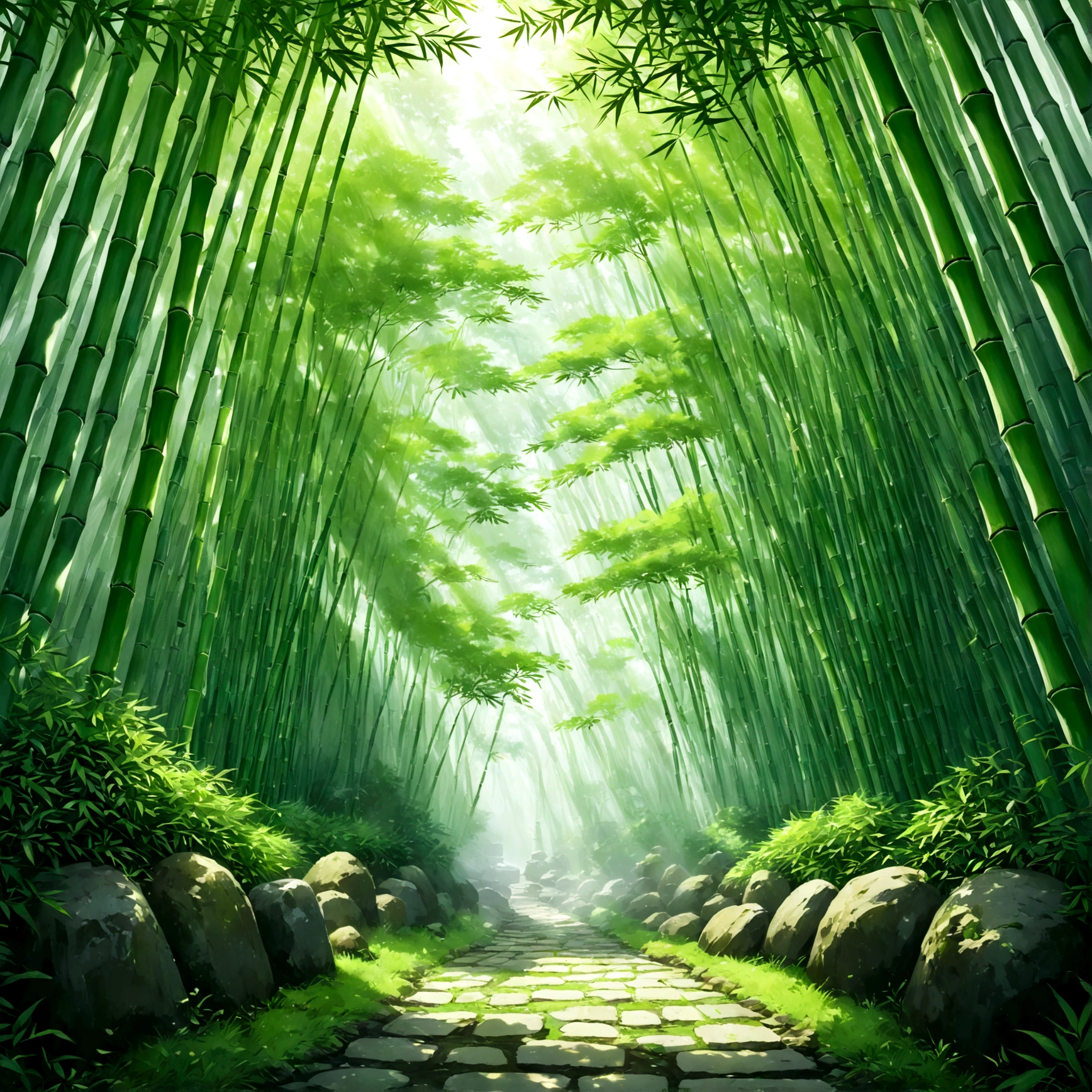It was quiet and still.、fog深いbamboo forest。青みがかったCobblestonesの道が、深く鬱蒼としたbamboo forestの中を縫うように続いている。On both sides of the road、The green bamboo towers high into the sky、sometimes、葉擦れの音がSilenceを破る。In the ground、ところどころにstone lanternが置かれ、A faint light illuminates the surroundings。There is a somewhat sad background music.、Increase the tension even more。Beautiful game world, Fantasy, Furai no Shiren, Dungeons, bamboo forest, Cobblestones, stone lantern, fog, Silence
