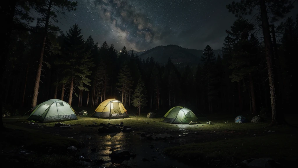 (masterpiece, 8K, UHD, photo-realistic:1.3), camping ground during heavy rain at night, there are several camping tents, in the middle of a dense pine forest during heavy rain at night, the atmosphere is dark during heavy rain at night
