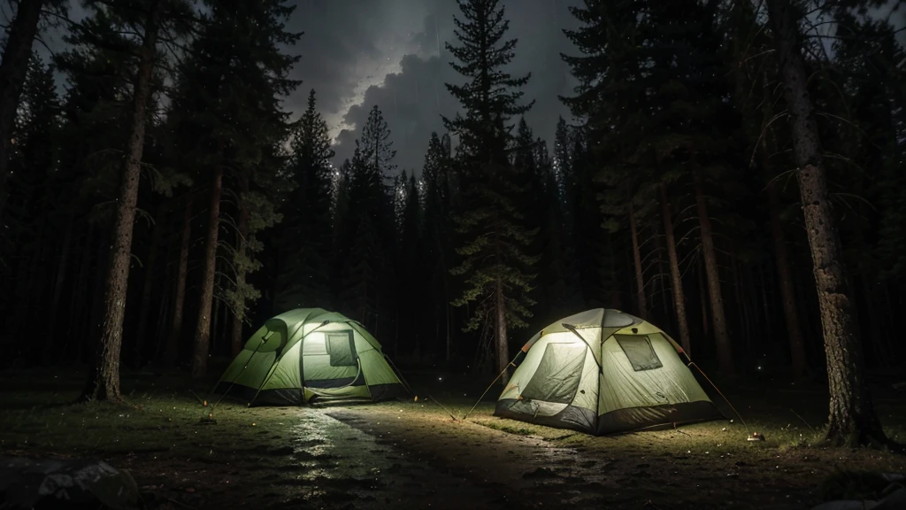 (masterpiece, 8K, UHD, photo-realistic:1.3), camping ground during heavy rain at night, there are several camping tents, in the middle of a dense pine forest during heavy rain at night, the atmosphere is dark during heavy rain at night