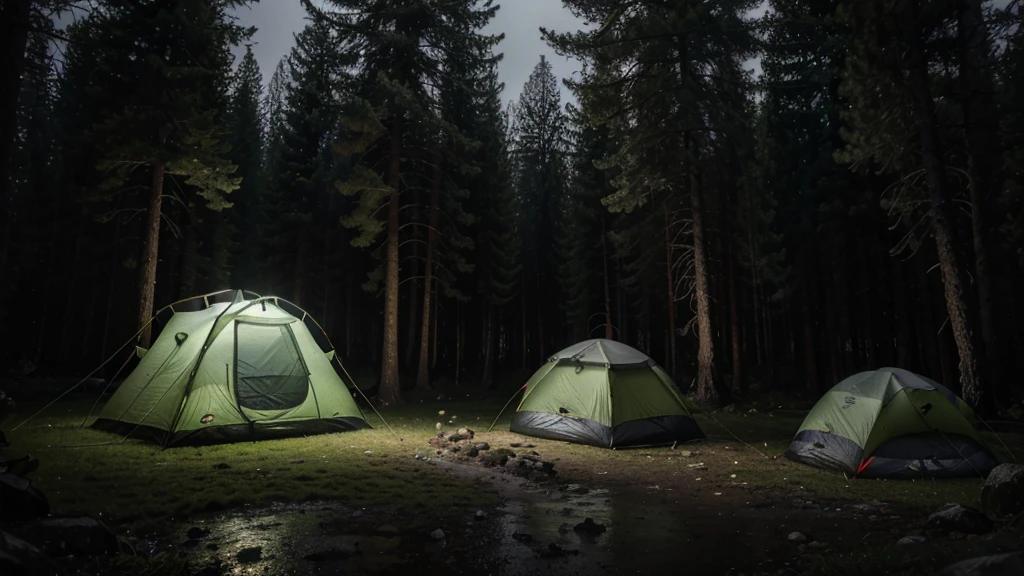 (masterpiece, 8K, UHD, photo-realistic:1.3), camping ground during heavy rain at night, there are several camping tents, in the middle of a dense pine forest during heavy rain at night, the atmosphere is dark during heavy rain at night