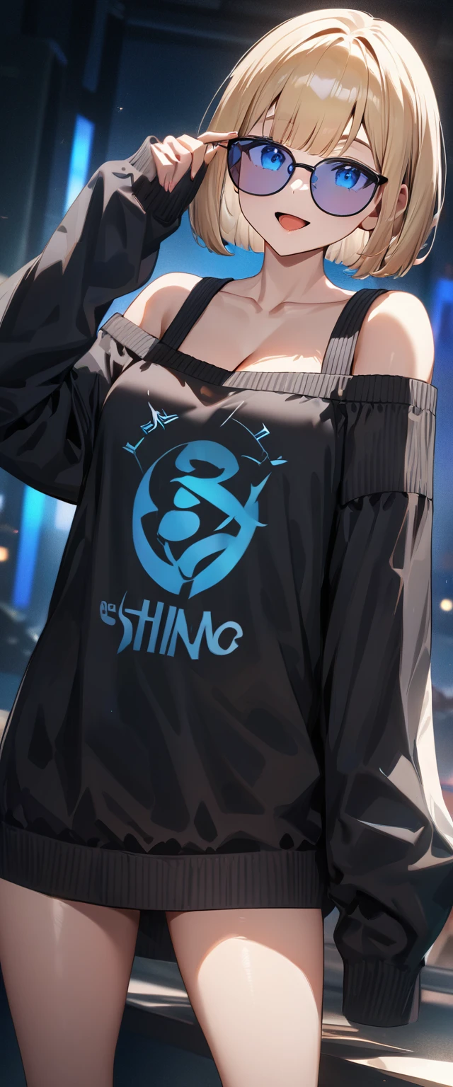 (((One girl))), (((from behind))), (((bare legs))), blond hair, open mouth, tongue out, ((sunglasses, hand to sunglasses)), (bob cut:1.3)), breasts, cleavage, (cowboy shot), standard body, (looking at viewer), oversized clothes, puffy long sleeves, collarbone, ((aran sweater)), ((off-shoulder sweater dress:1.3, Quite thick shoulder straps)), (((sleeves past wrists:1.3))), ((black sweater)), teenager, head tilt:1.3, (((blue eye))), ((happy smile)), (((anime style))), (best quality, 4k, 8k, highres, masterpiece:1.2, ultra-detailed, ultra-detailed eyes, HDR, UHD, studio lighting, ultra-fine painting, sharp focus, physically-based rendering, extreme detail description, professional, vivid colors, bokeh), ((Highest quality, Best image quality, Ultra-high resolution, Ultra-high resolution, solo, Strong eye highlights)), Depth of written boundary, Natural soft light, attractive, Beautiful Face, Cleanliness, Pure Face, nedium chest, Beautiful Face, Perfect Fingers, Perfect hands, Perfect body, Perfect Face, Shine a light into your eyes, Perfect Anatomy