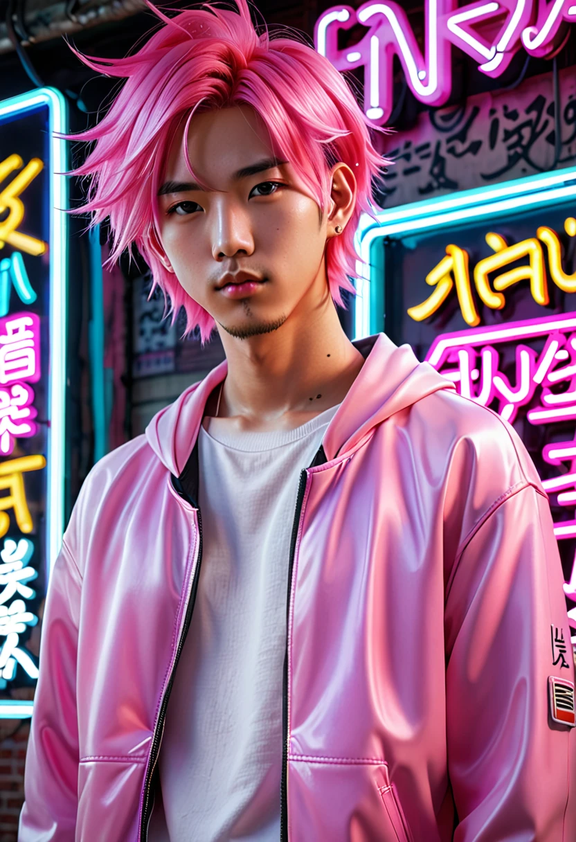 a man with pink hair standing in front of a neon sign, realistic anime 3 d style, kawaii realistic portrait, by Lü Ji, ig model | artgerm, realistic anime art style, realistic anime artstyle, portrait of male korean idol, ig studios anime style, 3 d anime realistic, cyberpunk heandsome man, light pink hair, portrait photoreal