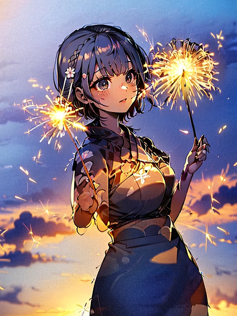 Ultra-high resolution,masterpiece, Attention to detail, Highest quality, 4K,(Silver braided short bob),(Blessed,Captivating body、Ultra-detailed skin、Beautiful Eyes、Detailed Background),One Girl、(yukata:1.5),firework,(大量のfirework,Night view,)