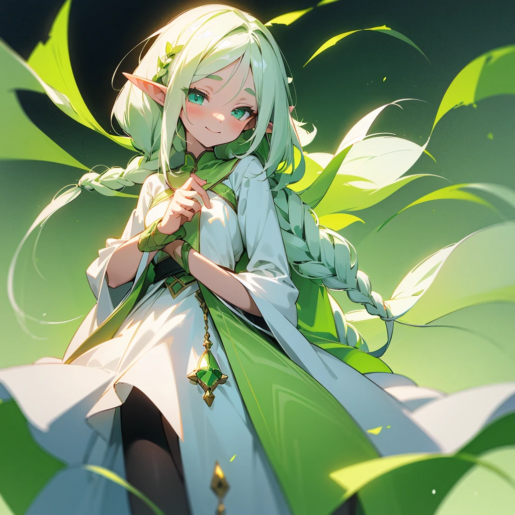 1 elf girl, simple white dress with green gradient, long white hair with green gradient, small braids, simple non-revealing dress that reaches up to her legs. Soft expression, soft eyes, smiling shyly, very very simple fantasy design