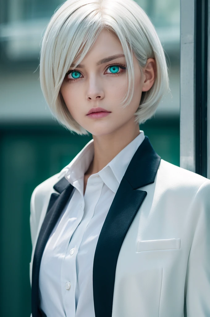 1 Female, Short white hair,jacket suit,angry,heterochromia,blue eye,Green eye.