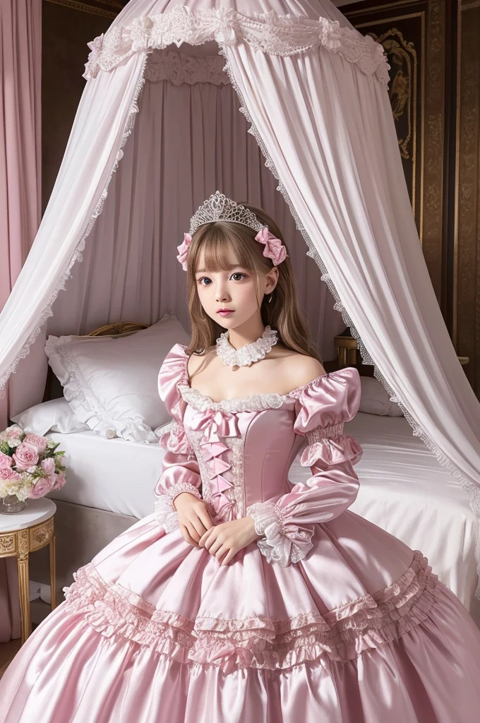 highest quality, masterpiece, highest resolution, artwork, super それにget used to it, many get used to it, get used to it, それにget used to it, 3k realistic pictures,,((10 year old little girls)),Ultra-detailed juvenile face,ultra-detailed beautiful little girls,girls are princess,full length ball gown dress with hoop skirt,ruffled yoke collar,puff sleeves,long sleeve,((Lolita style hot pink detailed princess satin dress with lots of ruffles and ribbons)),Rococo style lolita fashion,shiny satin dress,Soft and smooth fabric,detailed princess dress,luxury,long blonde hair,blue eyes,white skin european,Pajama,((in the bedroom of the palace)),luxury princess canopy king size pink bed,shiny satin sheets,ultra-detailed princess bed,High-quality background,lot of frilled pillows,on the bed,
