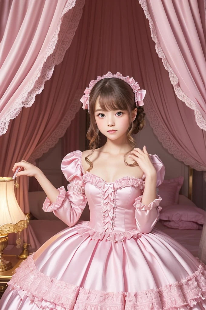 highest quality, masterpiece, highest resolution, artwork, super それにget used to it, many get used to it, get used to it, それにget used to it, 3k realistic pictures,,(( girls)),Ultra-detailed juvenile face,ultra-detailed beautiful little girls,girlsrincess,full length ball gown dress with hoop skirt,ruffled yoke collar,puff sleeves,long sleeve,((Lolita style hot pink detailed princess satin dress with lots of ruffles and ribbons)),Rococo style lolita fashion,shiny satin dress,Soft and smooth fabric,detailed princess dress,luxury,long blonde hair,blue eyes,white skin european,Pajama,((in the bedroom of the palace)),luxury princess canopy king size pink bed,shiny satin sheets,ultra-detailed princess bed,High-quality background,lot of frilled pillows,on the bed,
