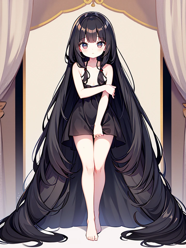 Full-body portrait、Are standing、Adult women、Black Hair、Untidy hair、Messy hair、Thick Hair、Very long hair、Long Hair、A thin, short, revealing black curtain dress、Clothes that show skin