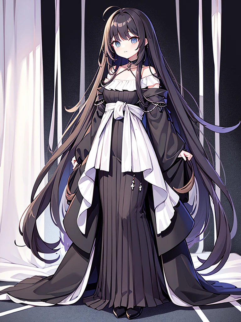 Full-body portrait、Are standing、Adult women、Black Hair、Untidy hair、Messy hair、Thick Hair、Very long hair、Long Hair、A thin, short, revealing black curtain dress、Clothes that show skin