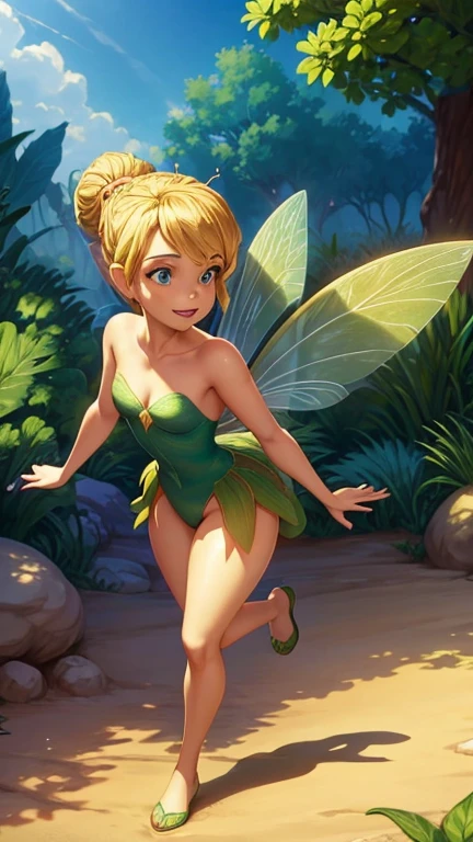 there is a cartoon of a naked woman:1.2, ((Emma Watson)), tinkerbell, Leprechaun character, smiling as a queen of faeries, Leprechaun, Leprechaun dust magic, faerie da floresta, rainha faerie da floresta de verão, in the style of Disney animation, animated film, disney 2d animation still, queen of the faeries, faeries, Genndy Tartakovsky, faerie