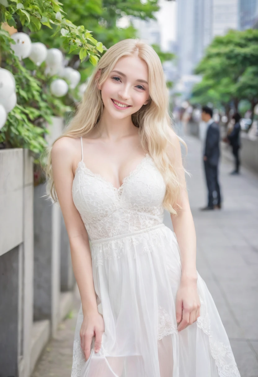 ((European Caucasian Woman))、((Mary, 18 years old))one person、Thin contours、Grey Eyes、Big Breasts、Narrow waist、White and translucent skin、Beautiful, shiny blonde medium-long hair、8-head-tall model style、White lace long dress、Waist-down angle、Tokyo city、smile