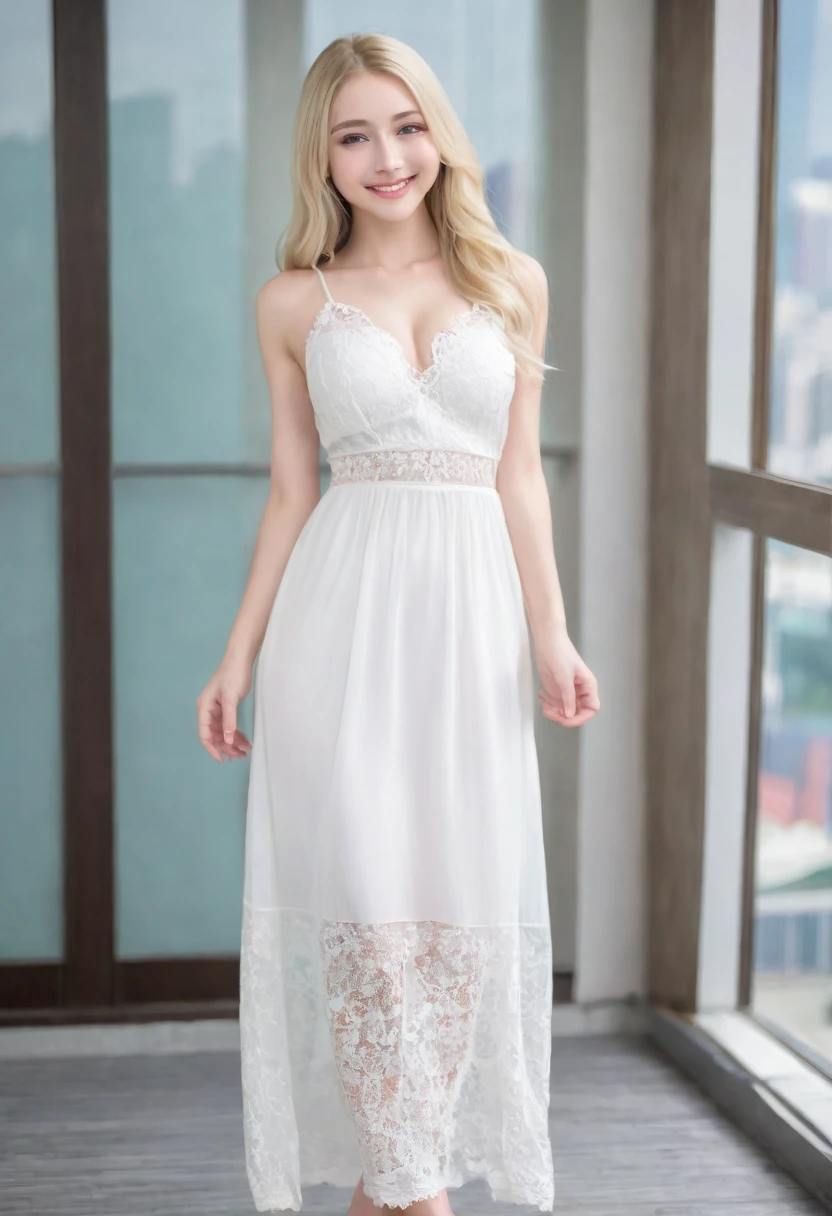 （（European Caucasian Woman））、（（Mary, 18 years old））one person、Thin contours、Grey Eyes、Big Breasts、Narrow waist、White and translucent skin、Beautiful, shiny blonde medium-long hair、8-head-tall model style、White lace long dress、Waist-down angle、Tokyo city、smile