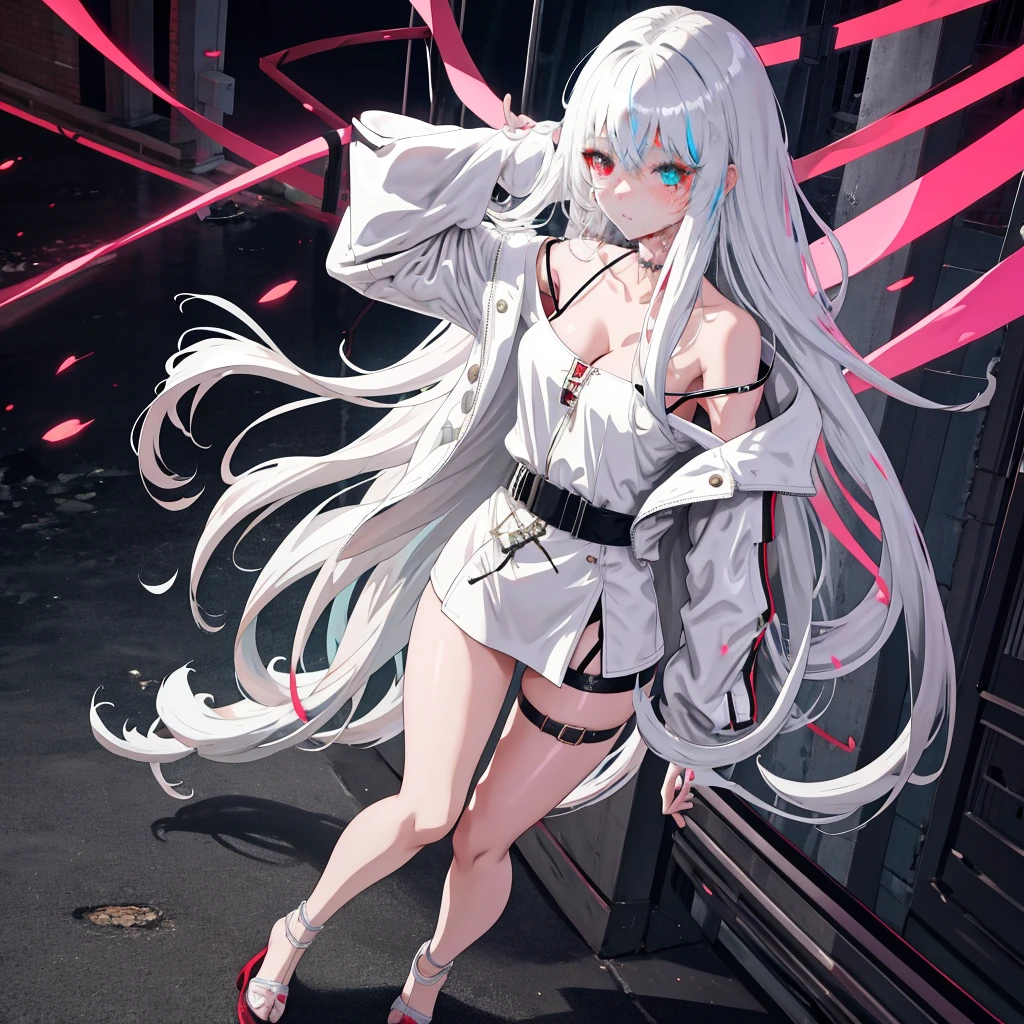 ONLY ONE ANIME GIRL
THAT ONE Anime girl with long white hair and black leather jacket is walking down the street, Girl with silver hair, perfect girl, Anime style. 8K, guweiz, Seductive , guweiz on pixiv artstation, Cyberpunk, bangs, strictly straight haircut, long hair, off shoulder, oversized CLOTHING, white with silky Top, bare legs, thigh, cleavage, collarbone, (extremely detailed CG unity 8k wallpaper, masterpiece, best quality, ultra-detailed, best shadow), (masterpiece:1.2, best quality),((Heterochromia_eyes)(multicolor eyes)
(Right eye: red_color)
(Left eye: gray_color))
Blunt_bangs, straight_bangs, silver_bangs, carefully_styled_bangs, Sleek_bangs, strictly_straight_sidelocks,
Strictly_Straigh_hairstyle, long_hairstyle, straight _cutted_hair, SLIM SLENDER MODEL PERFECT BODY, cute, thigh strap, outside, out door, raining, night, wet clothes,