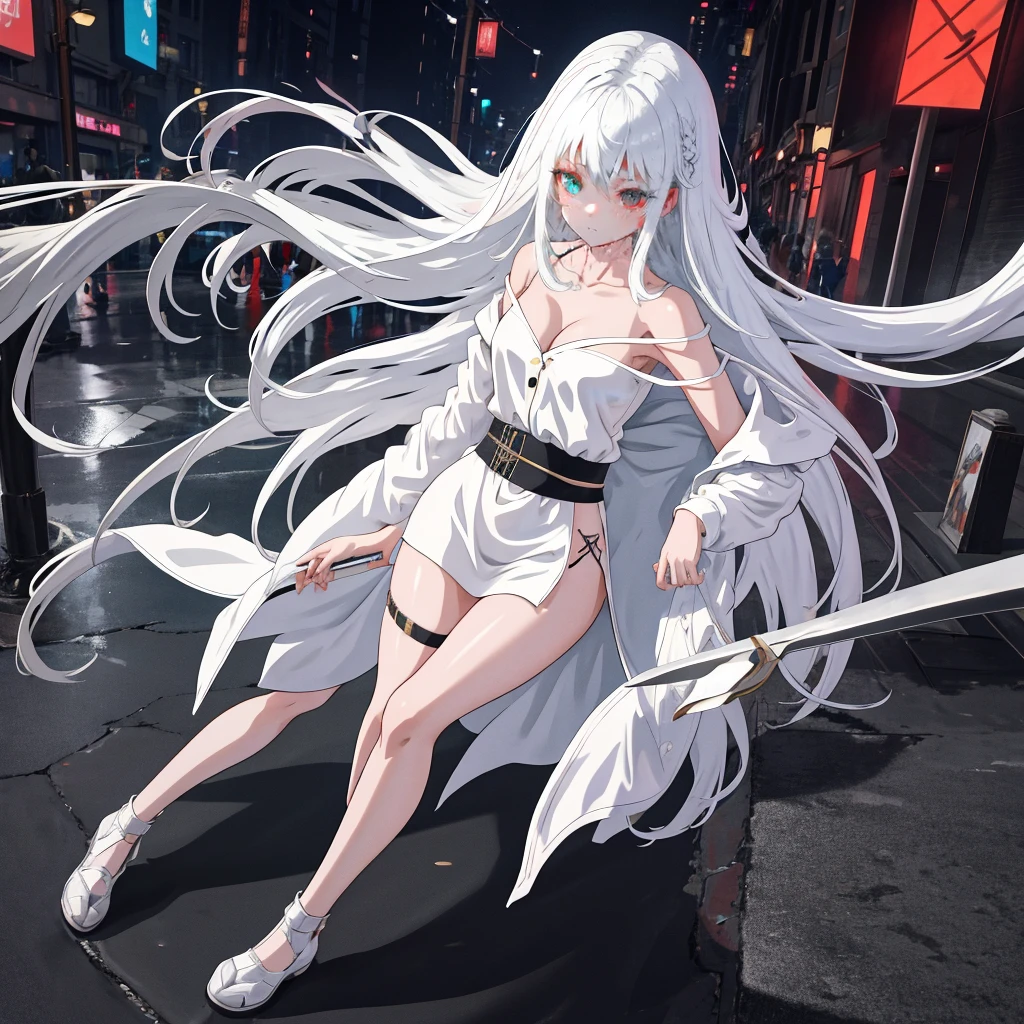 ONLY ONE ANIME GIRL
THAT ONE Anime girl with long white hair and black leather jacket is walking down the street, Girl with silver hair, perfect girl, Anime style. 8K, guweiz, Seductive , guweiz on pixiv artstation, Cyberpunk, bangs, strictly straight haircut, long hair, off shoulder, oversized CLOTHING, white with silky Top, bare legs, thigh, cleavage, collarbone, (extremely detailed CG unity 8k wallpaper, masterpiece, best quality, ultra-detailed, best shadow), (masterpiece:1.2, best quality),((Heterochromia_eyes)(multicolor eyes)
(Right eye: red_color)
(Left eye: gray_color))
Blunt_bangs, straight_bangs, silver_bangs, carefully_styled_bangs, Sleek_bangs, strictly_straight_sidelocks,
Strictly_Straigh_hairstyle, long_hairstyle, straight _cutted_hair, SLIM SLENDER MODEL PERFECT BODY, cute, thigh strap, outside, out door, raining, night, wet clothes,