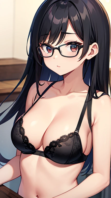 Black hair glasses、tits、bra