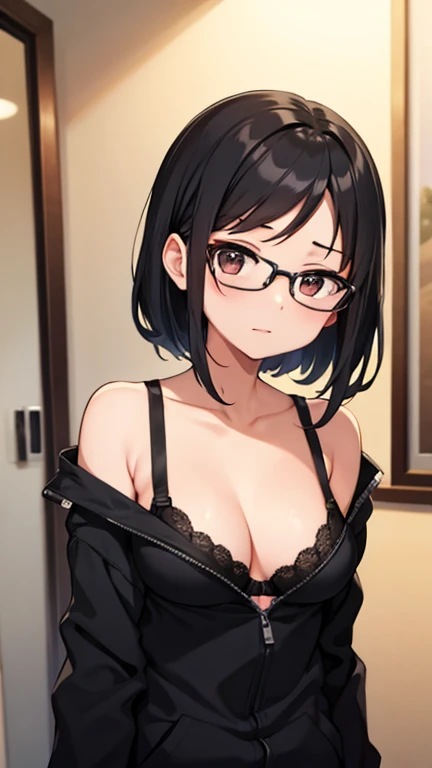 Black hair glasses、tits、bra