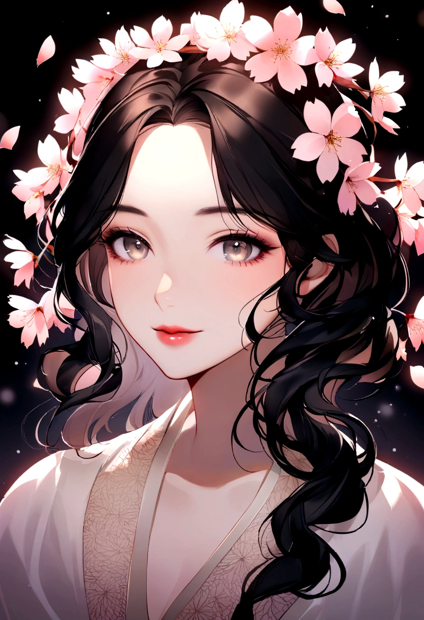 Capture an alluring close-up portrait of an Asian woman in her late 30s, her face framed by a cascade of cherry blossoms. Her serene gaze holds a hint of knowing mystique, drawing the viewer into her captivating presence. Highlight her flawless porcelain skin, emphasizing the subtle play of light and shadow across her features. Her lips curve into a gentle, enigmatic smile, inviting speculation about the secrets she holds. A single, elegant cherry blossom rests delicately upon her sleek, semi-long black hair, styled in soft, loose curls. The background melts away into a wash of ethereal pinks and soft bokeh, keeping the focus on her captivating features and the air of mystery she embodies.