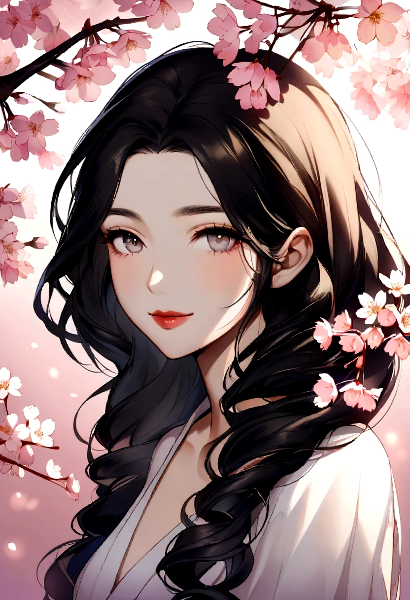 Capture an alluring close-up portrait of an Asian woman in her late 30s, her face framed by a cascade of cherry blossoms. Her serene gaze holds a hint of knowing mystique, drawing the viewer into her captivating presence. Highlight her flawless porcelain skin, emphasizing the subtle play of light and shadow across her features. Her lips curve into a gentle, enigmatic smile, inviting speculation about the secrets she holds. A single, elegant cherry blossom rests delicately upon her sleek, semi-long black hair, styled in soft, loose curls. The background melts away into a wash of ethereal pinks and soft bokeh, keeping the focus on her captivating features and the air of mystery she embodies.
