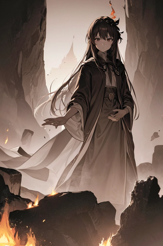 (Highest quality, masterpiece), (One girl, alone,Brown robes, expression, avert your eyes, Sitting, Wide sleeves, Iris, Ribbon-shaped fire on head, Long Hair, Cowboy Shot), (Monochrome, Night sky at the cave entrance , Light rising from below, Inside the cave, A bunch of floating glowing white particles, Burning fire at hand, Many small fires are floating),