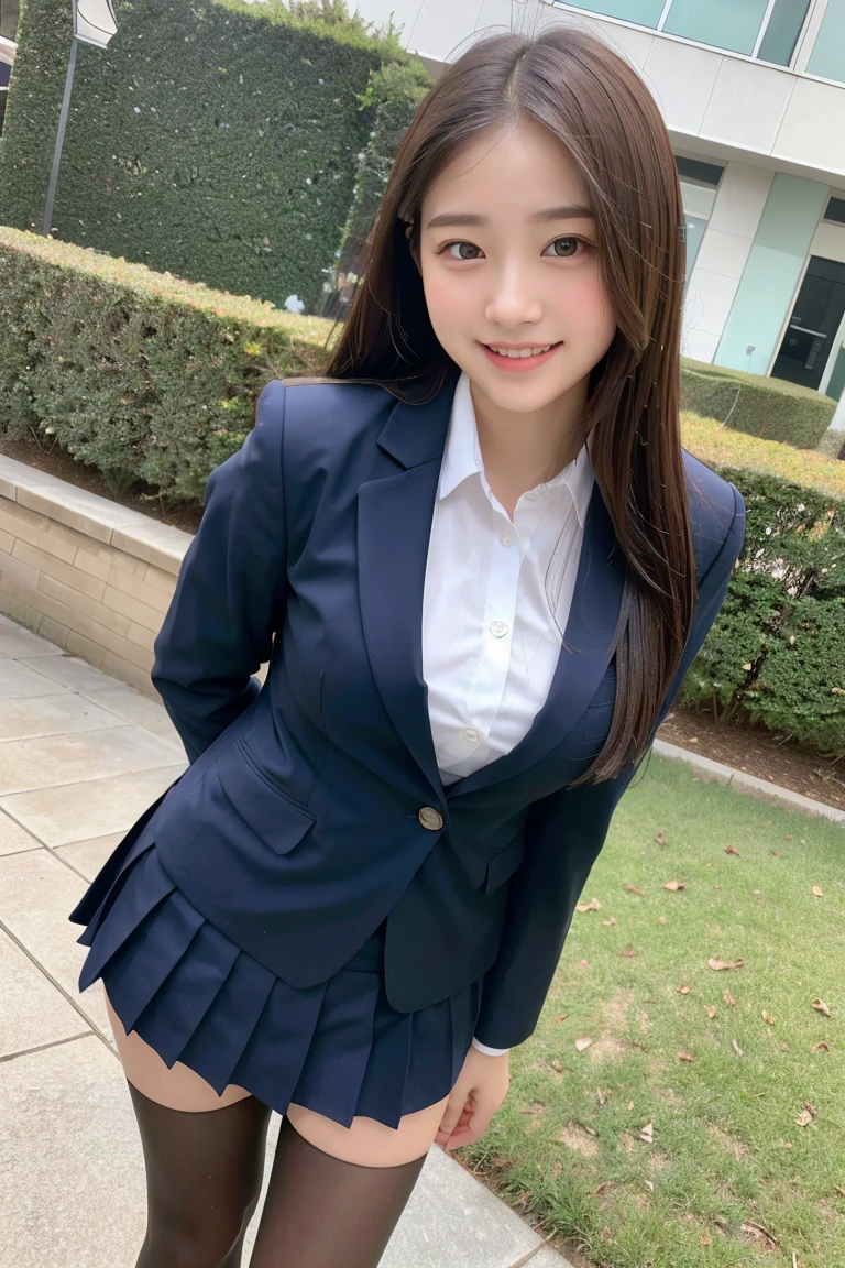 (8k), (highest quality: 1.2), (realistic), (realistic: 1.37), ultra high resolution, 1 girl, cute, smile, closed mouth, beautiful details, beautiful nose, wet hair, giant dulcefo, pork, thighs，selfie,College student uniform,simple blazer,pleated skirt,Standing,opaque tights, booty pose 