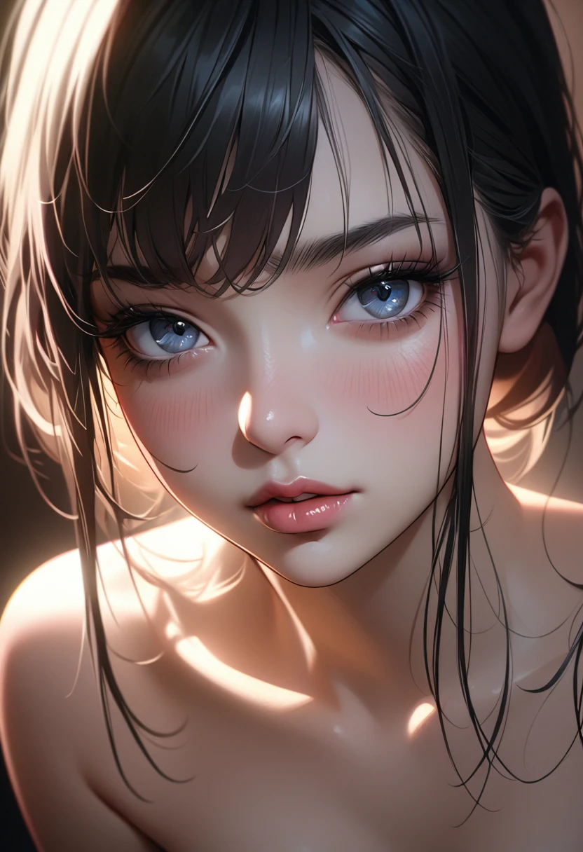 a young beautiful girl, detailed face, detailed eyes, detailed lips, long eyelashes, blush, sultry expression, seductive pose, erotic, hyper realistic, 8k, high quality, masterpiece, dark moody lighting, cinematic, dramatic
