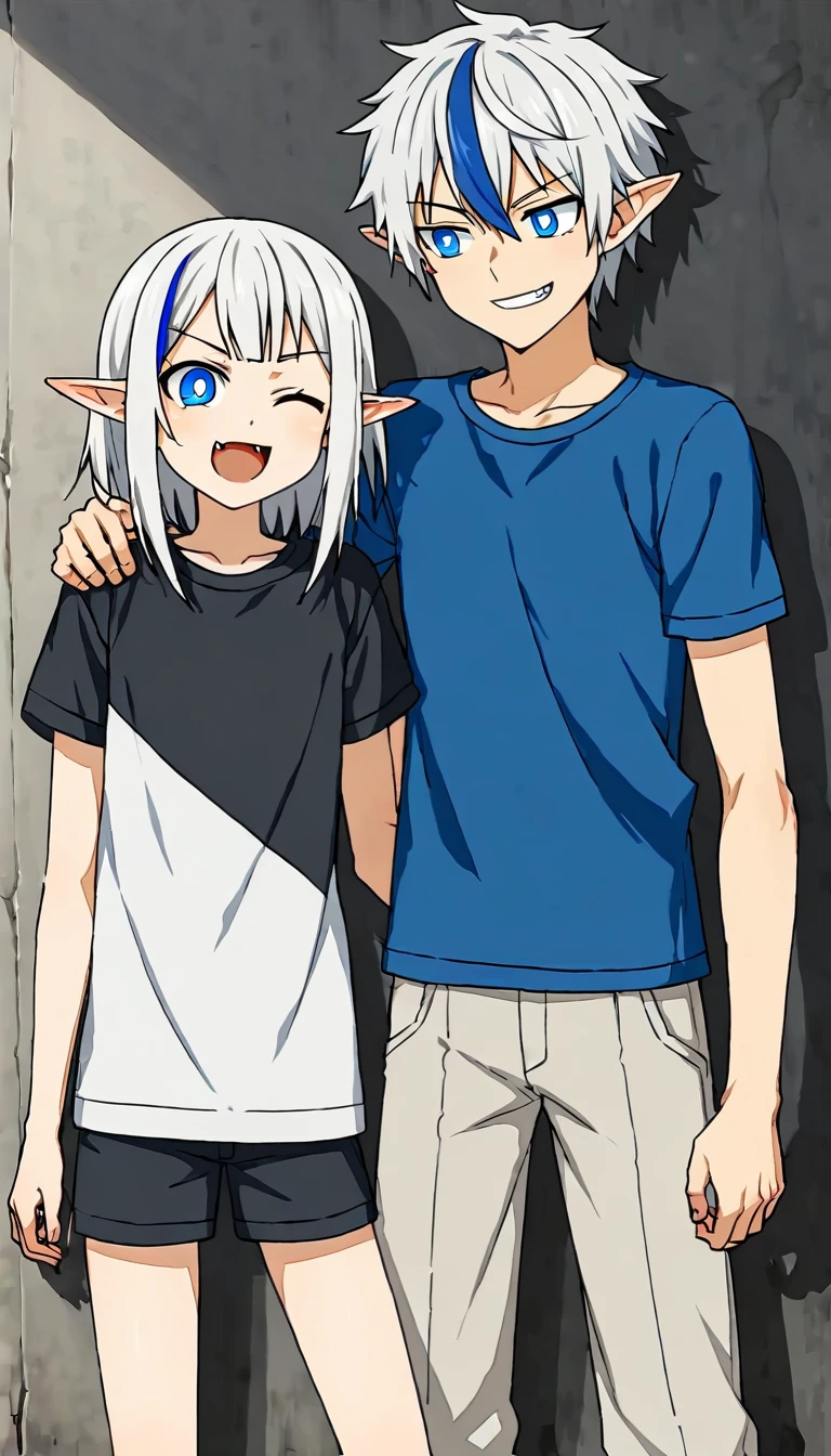 fang, white hair, wince, blue eyes, streaked hair, boy, hair strand, pointy ears, bright pupils, smile, teenager, drop shadow, anaglyph, tachi-e, anime style, high detail, cowboy shot, super detail, masterpiece, anatomically correct, highres