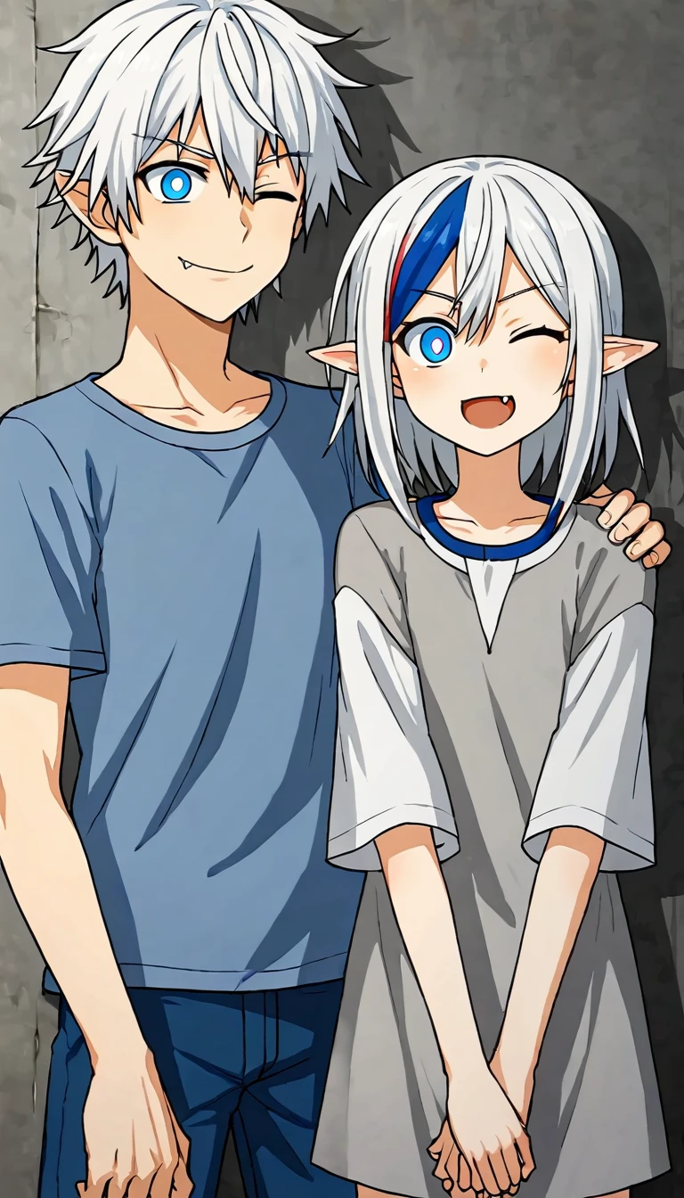 fang, white hair, wince, blue eyes, streaked hair, boy, hair strand, pointy ears, bright pupils, smile, teenager, drop shadow, anaglyph, tachi-e, anime style, high detail, cowboy shot, super detail, masterpiece, anatomically correct, highres