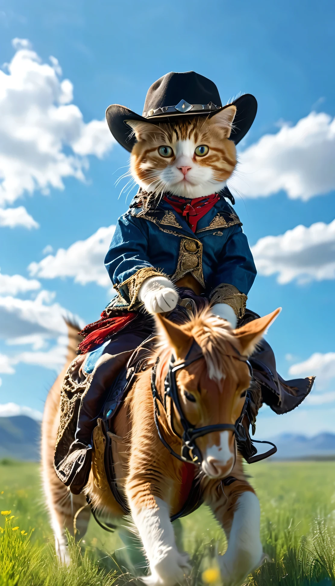 ((8K)), highest quality, 超High resolution, (High resolution), A cat dressed in a cowboy costume, riding a horse across a wide, grassy plain under a clear blue sky