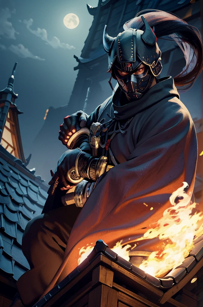cool ninja knight samurai in a mask on the roof of a building at night