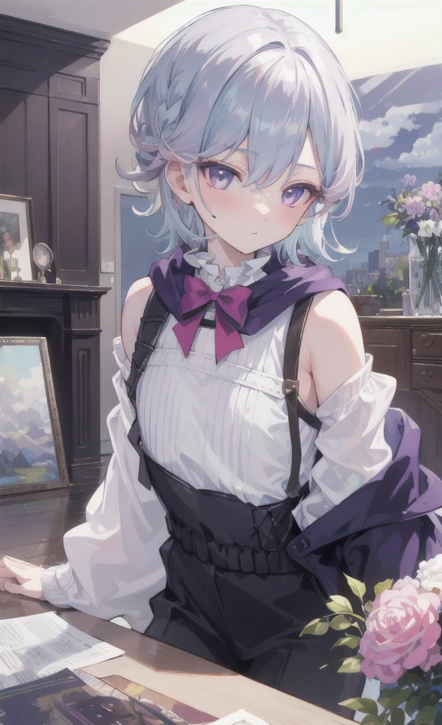 (masterpiece), (best quality), (ultra detailed), (Lyney), front looking, looking at viewer, upper body, living room, blushing, flowers, flowing colors, cloudy sky, flat chest, purple eyes, silver and pastel blue hair, soft braided hair, short hair, off the shoulder sweater, fishnet stockings, close up, sexually bending over table