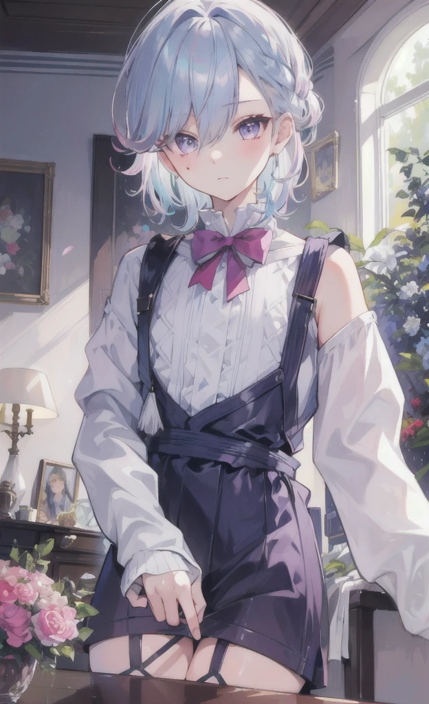 (masterpiece), (best quality), (ultra detailed), (Lyney), front looking, looking at viewer, upper body, living room, blushing, flowers, flowing colors, cloudy sky, flat chest, purple eyes, silver and pastel blue hair, soft braided hair, short hair, off the shoulder sweater, fishnet stockings, close up, sexually bending over table