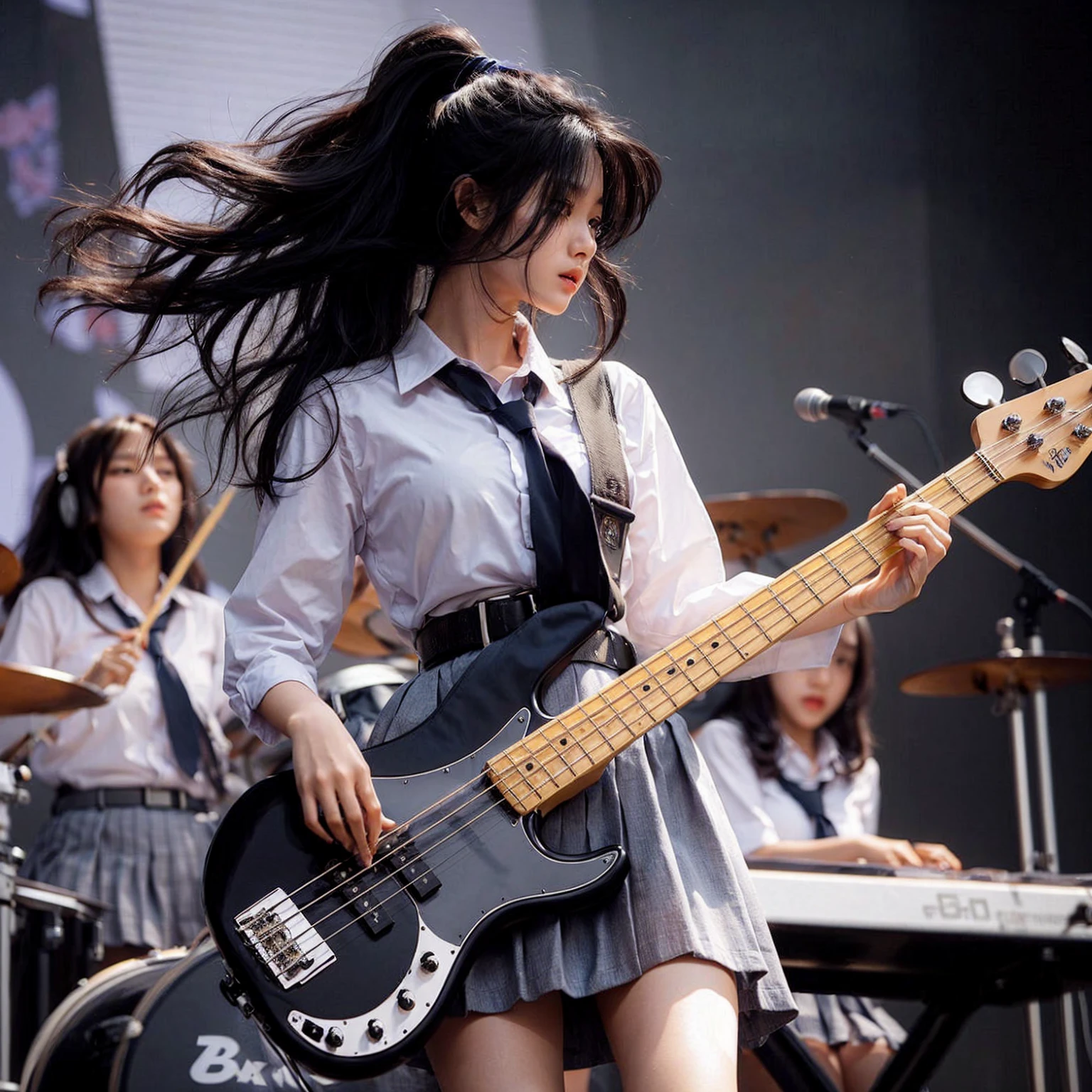 Here is the translation to English:
"A beautiful Korean girl, 18 years old, tall, fair-skinned, medium breasts, playing bass guitar, performing on a high school stage in Surabaya city, many school children watching, wearing a high , white shirt, belt, and gray skirt, jumping around, headbanging, masterpiece, realistic image, HD, 4k, detailed face, detailed eyes, messy hairstyle"