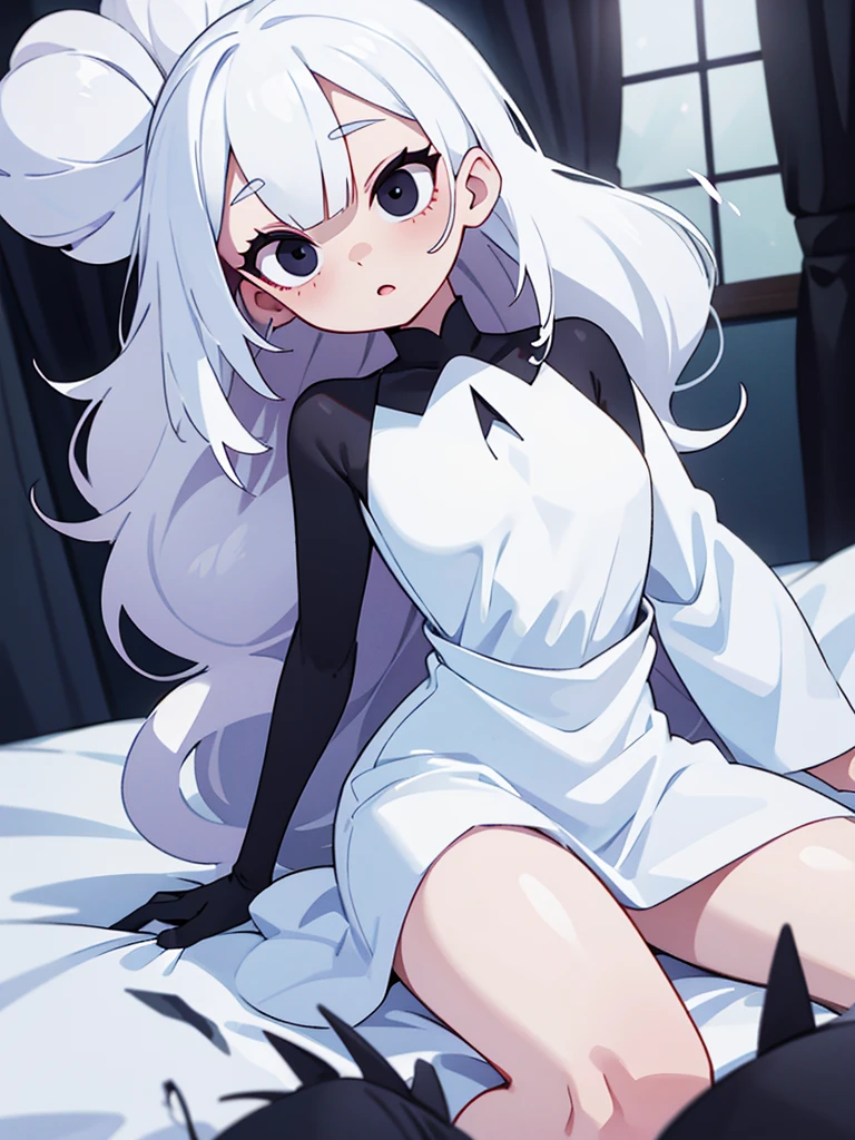 Albino woman, pretty, with black eyes, voluminous body, white dress on a bed