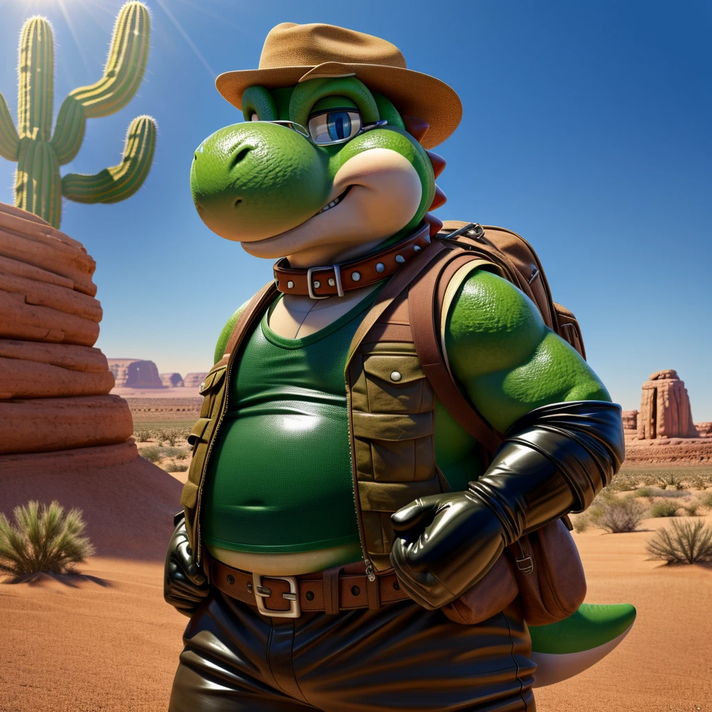 Male, fat, extremely obese, Yoshi, blue eyes, (posing:1.3), (soft shading), 4k, hi res, ((detailed face, detailed)), looking at viewer, evil grin, desert, cactus, shirt, hat, male focus, Explorer Outfit, glasses, pants, bag, vest, backpack, sleeves rolled up, round eyewear, brown headwear, brown vest, Yoshi is wearing a glossy leather dog collar around the neck, Yoshi is wearing the leather collar and shirt and vest at the same time, Yoshi is wearing glossy white rubber gloves on the hands, gloves are rubber in texture, clenching teeth, clenching fists, leather collar is glossy and shiny with a lot of detail.
