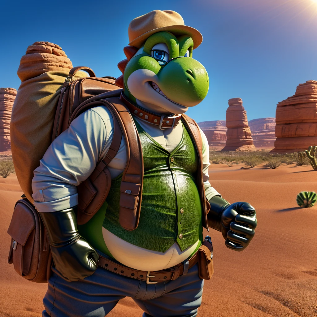 Male, fat, extremely obese, Yoshi, blue eyes, (posing:1.3), (soft shading), 4k, hi res, ((detailed face, detailed)), looking at viewer, evil grin, desert, cactus, shirt, hat, male focus, Explorer Outfit, glasses, pants, bag, vest, backpack, sleeves rolled up, round eyewear, brown headwear, brown vest, Yoshi is wearing a glossy leather dog collar around the neck, Yoshi is wearing the leather collar and shirt and vest at the same time, Yoshi is wearing glossy white rubber gloves on the hands, gloves are rubber in texture, clenching teeth, clenching fists, leather collar is glossy and shiny with a lot of detail.